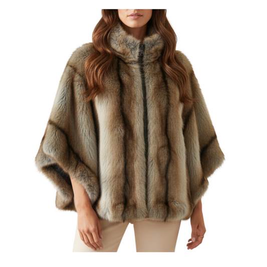 Mantella in ecopelliccia marrone sfumata Peg Fashion Store, design elegante con chiusura a zip frontale