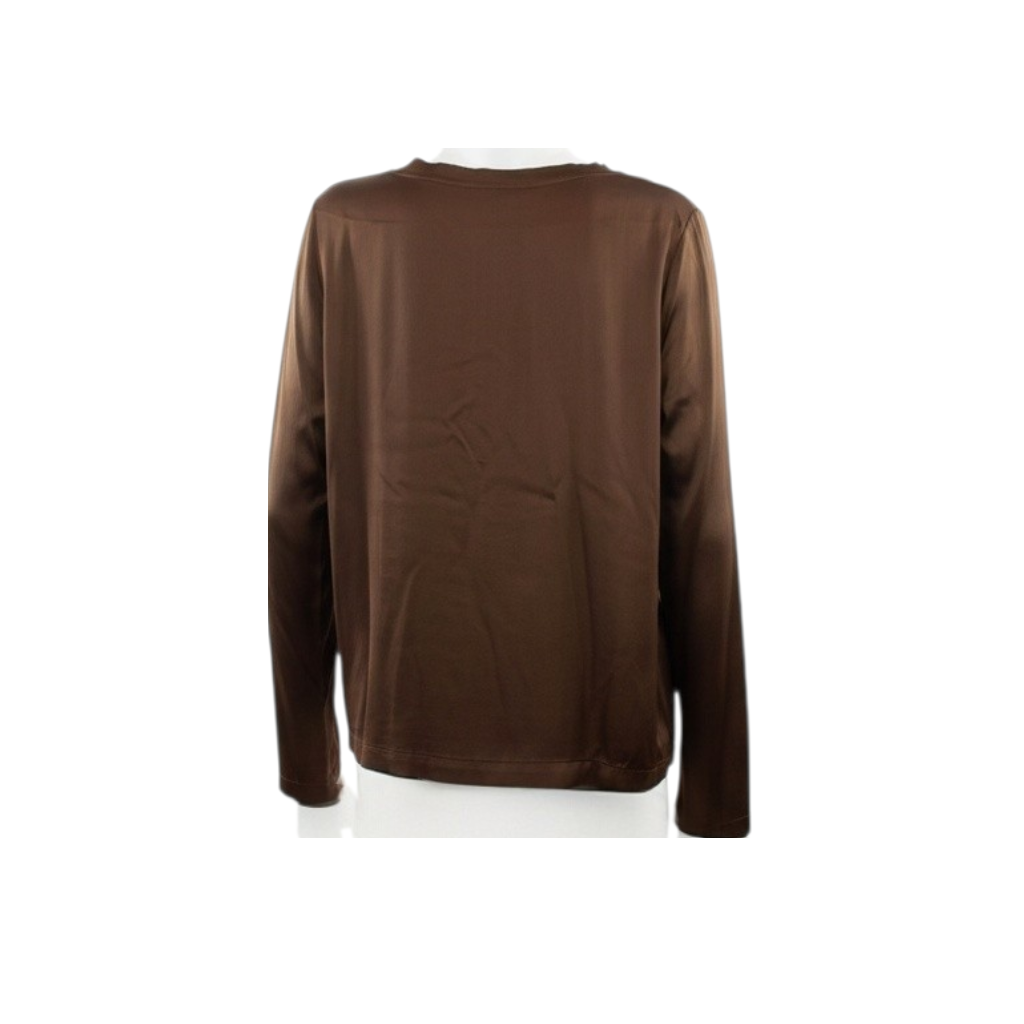 T-shirt a manica lunga in raso marrone di Peg Fashion Store, vista posteriore su manichino