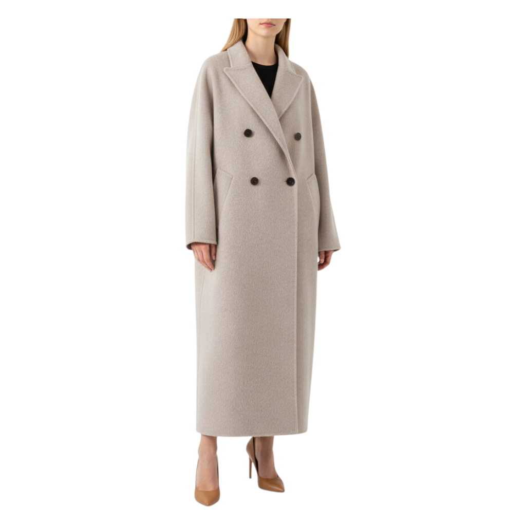 Cappotto doppio petto Peg Fashion Store color beige in lana con chiusura a bottoni e taglio lungo elegante