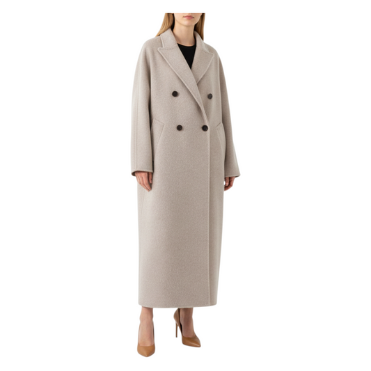 Cappotto doppio petto Peg Fashion Store color beige in lana con chiusura a bottoni e taglio lungo elegante