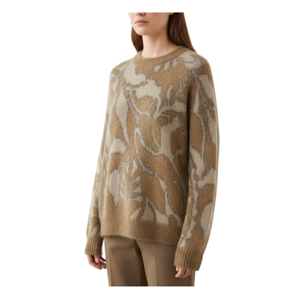Maglia in jacquard Peg Fashion Store color marrone con motivo floreale astratto, vestibilità morbida e girocollo