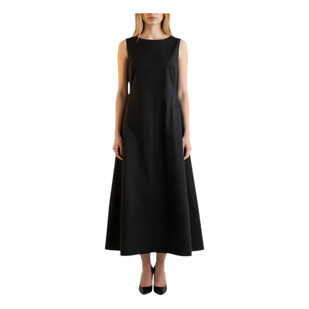 Abito midi nero a cannottiera Myastreet in tessuto fluido, indossato da una modella, stile casual chic Peg Fashion Store