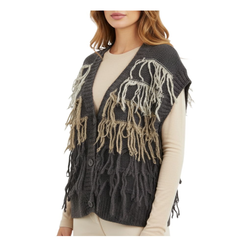 Gilet Peg Fashion Store grigio con frange decorative e chiusura a tre bottoni, indossato sopra una maglia beige