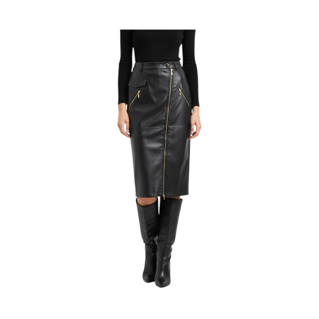 Gonna longuette nera in ecopelle con cerniera frontale e taschino, proposta da Peg Fashion Store.