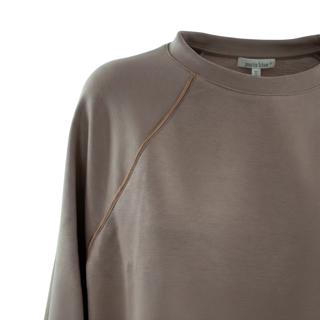 Felpa girocollo Peg Fashion Store color tortora con cuciture raglan a contrasto e interno in tessuto morbido