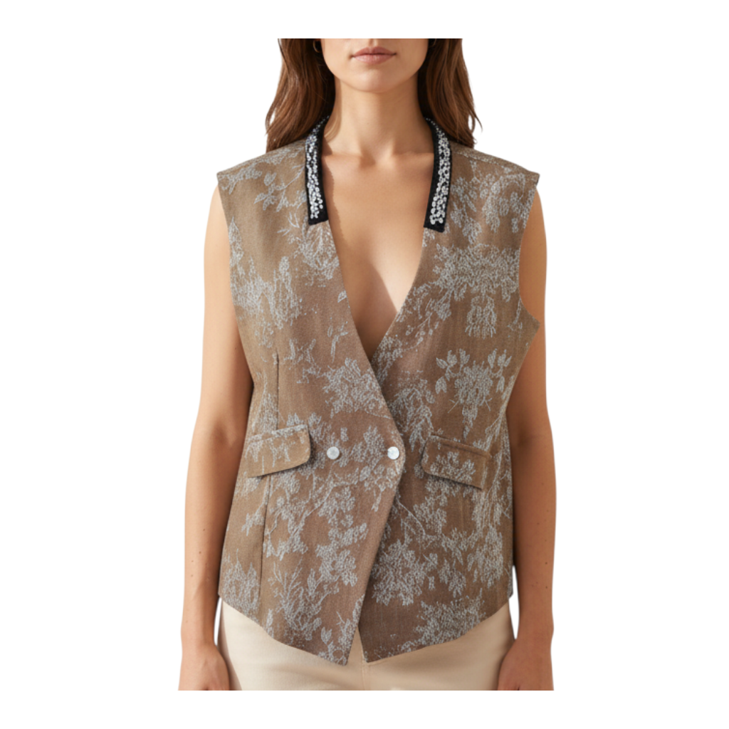 Gilet damascato marrone Peg Fashion Store con colletto gioiello decorato e chiusura doppiopetto elegante