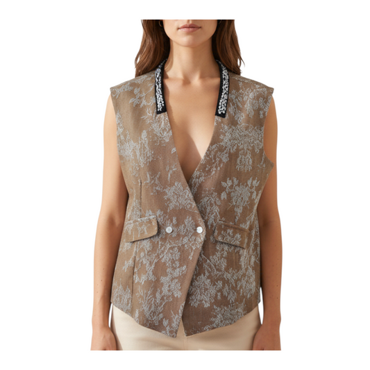 Gilet damascato marrone Peg Fashion Store con colletto gioiello decorato e chiusura doppiopetto elegante