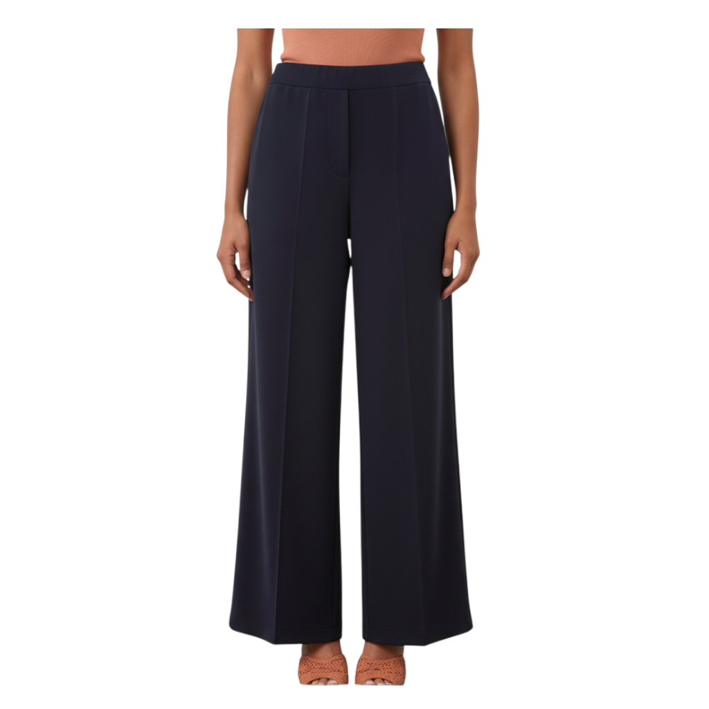 Pantaloni palazzo blu navy dal taglio fluido e morbido, firmati Peg Fashion Store, eleganti e versatili.