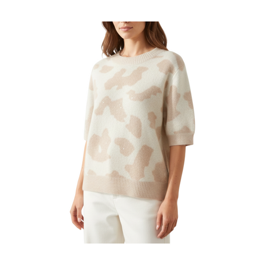 Maglia Peg Fashion Store a maniche corte con motivo animalier beige e dettagli in lurex su fondo crema