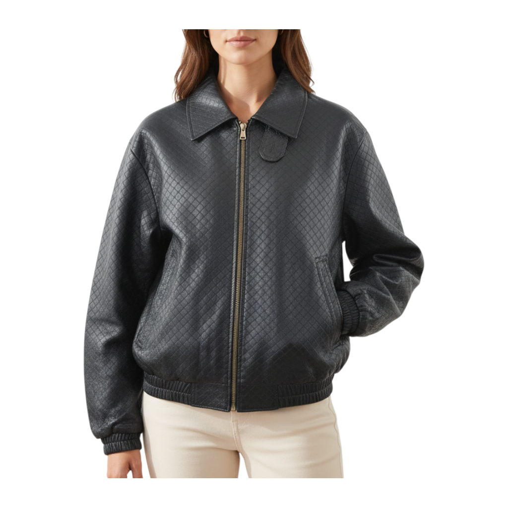 Modella indossa un bomber nero Peg Fashion Store con motivo intrecciato, colletto classico e chiusura a zip frontale