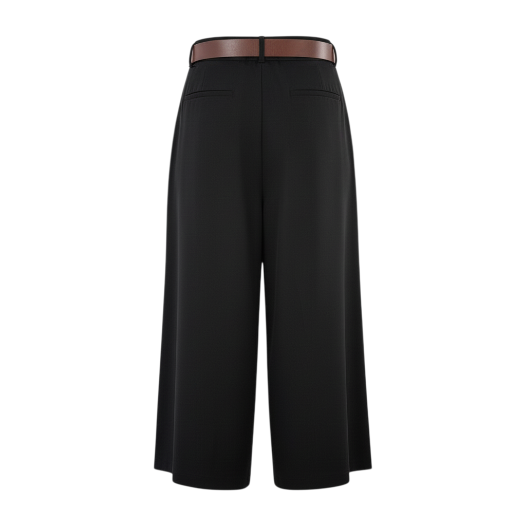 Pantalone midi largo nero Peg Fashion Store con cintura marrone in vita, taglio sartoriale e vestibilità ampia