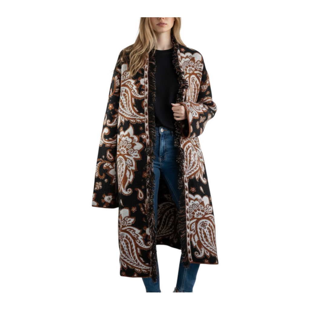 Giacca lunga Peg Fashion Store con motivo paisley marrone e nero, rifinita con frange decorative lungo i bordi.