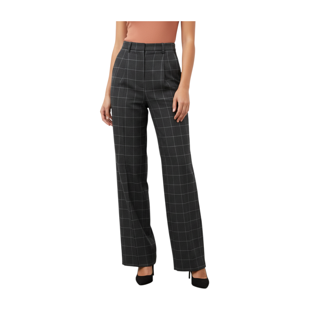 Pantalone Peg Fashion Store a gamba dritta con motivo a quadri grigio scuro e vita alta