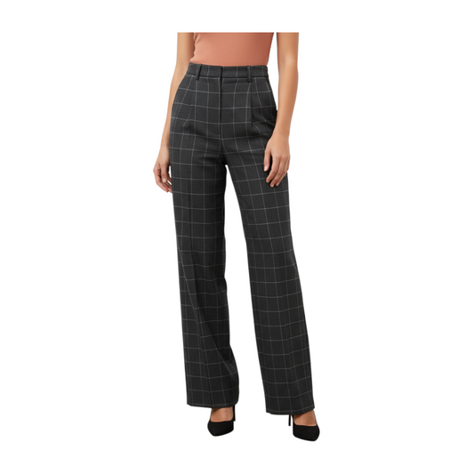 Pantalone Peg Fashion Store a gamba dritta con motivo a quadri grigio scuro e vita alta