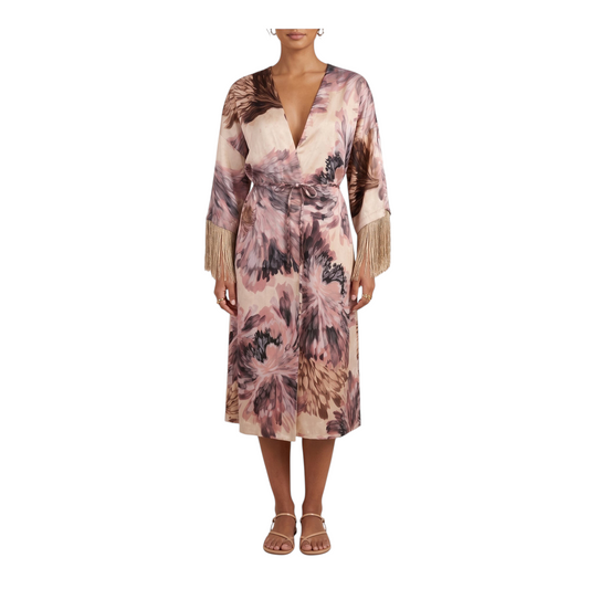 Giacca kimono Peg Fashion Store con stampa floreale astratta, maniche lunghe con frange e cintura in vita