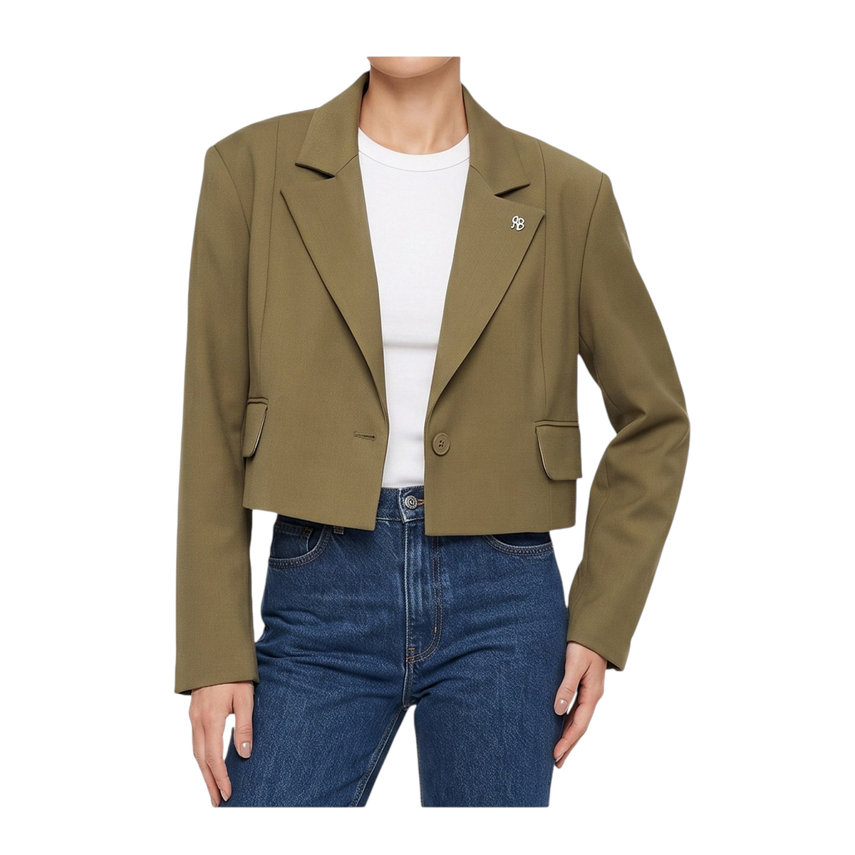 Blazer crop verde oliva Aniye By per Peg Fashion Store con spilla decorativa e taglio moderno ed elegante