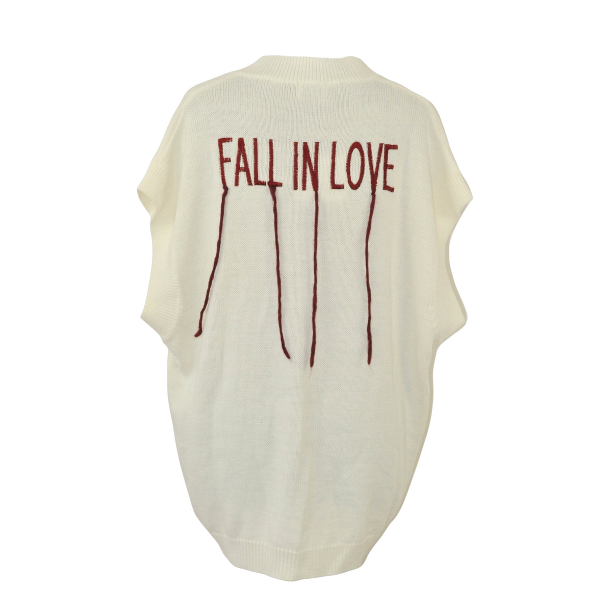 Gilet Peg Fashion Store bianco in maglia con scollo a V e scritta ricamata rossa Fall in love sul retro