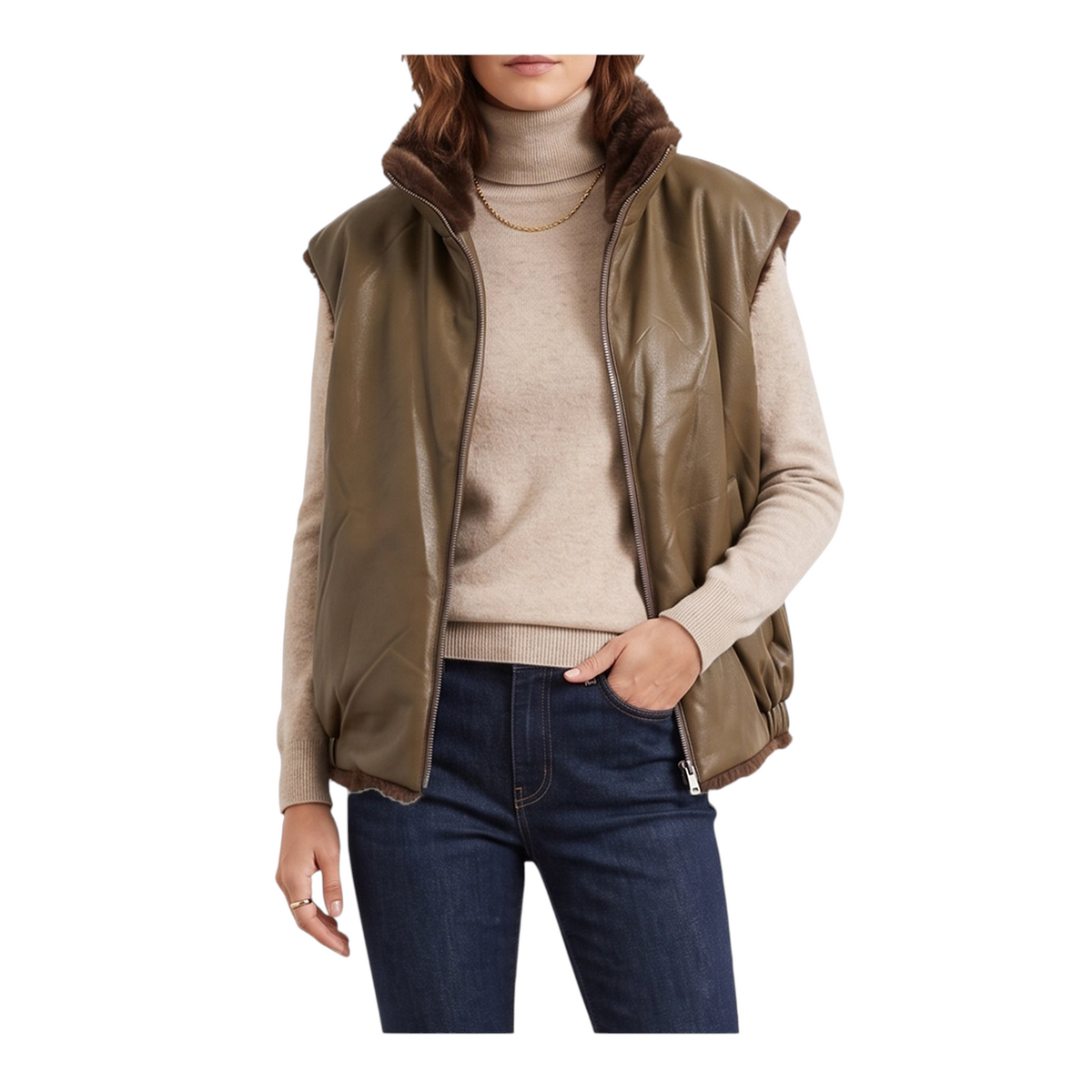 Gilet reversibile Peg Fashion Store in ecopelle verde e ecopelliccia marrone con cerniera e vestibilità over