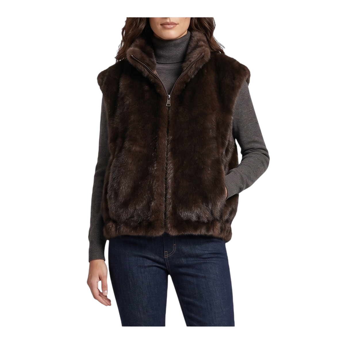 Gilet reversibile Peg Fashion Store in ecopelliccia marrone con collo alto, cerniera frontale e vestibilità boxy.
