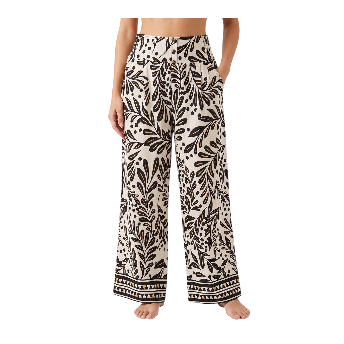 Pantalone Coconut Kiss Peg Fashion Store con stampa paisley nera e beige, taglio ampio e vita alta con bottoni