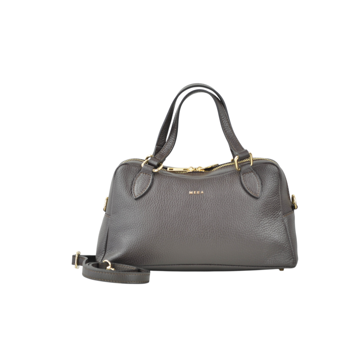 Borsa bauletto in pelle marrone scuro con dettagli dorati e tracolla rimovibile di Peg Fashion Store