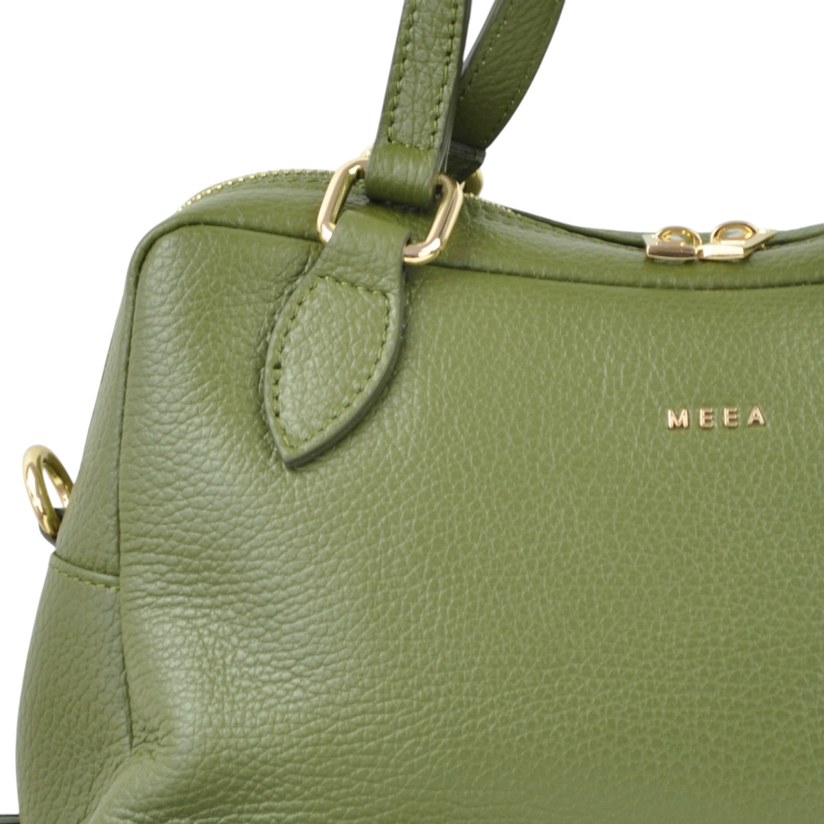 Borsa bauletto Via di Peg Fashion Store in pelle verde oliva con dettagli metallici dorati e logo MEEA