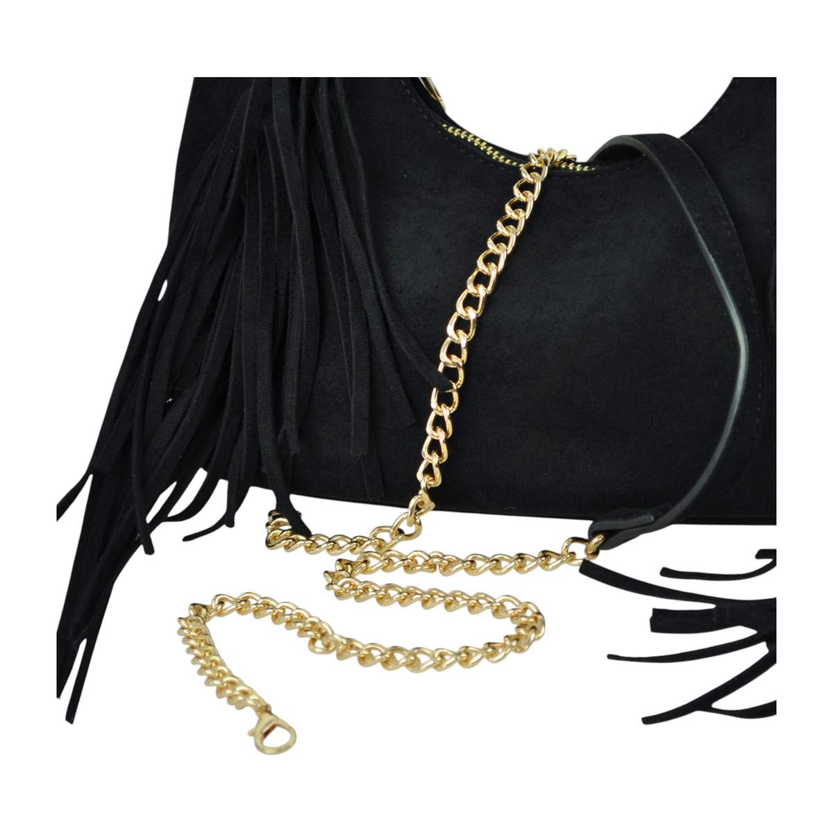 Borsa a tracolla Peg Fashion Store in camoscio nero con frange lunghe e catena dorata