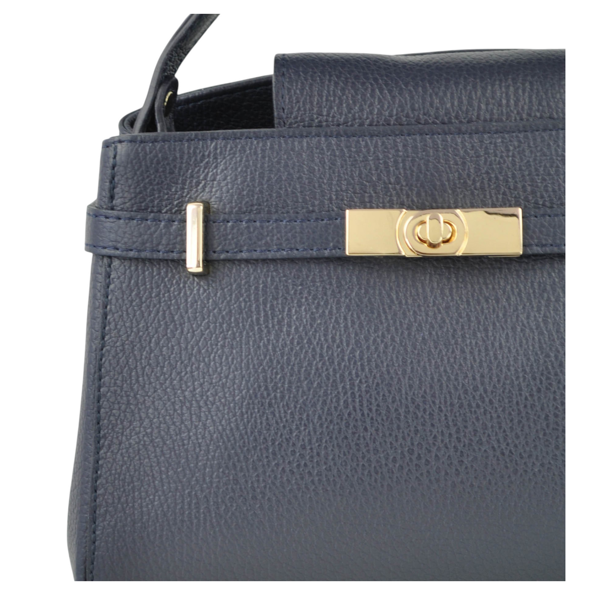 Borsa KELLY ELEGANT di Peg Fashion Store in pelle blu scuro con chiusura a girello dorata e dettagli in metallo