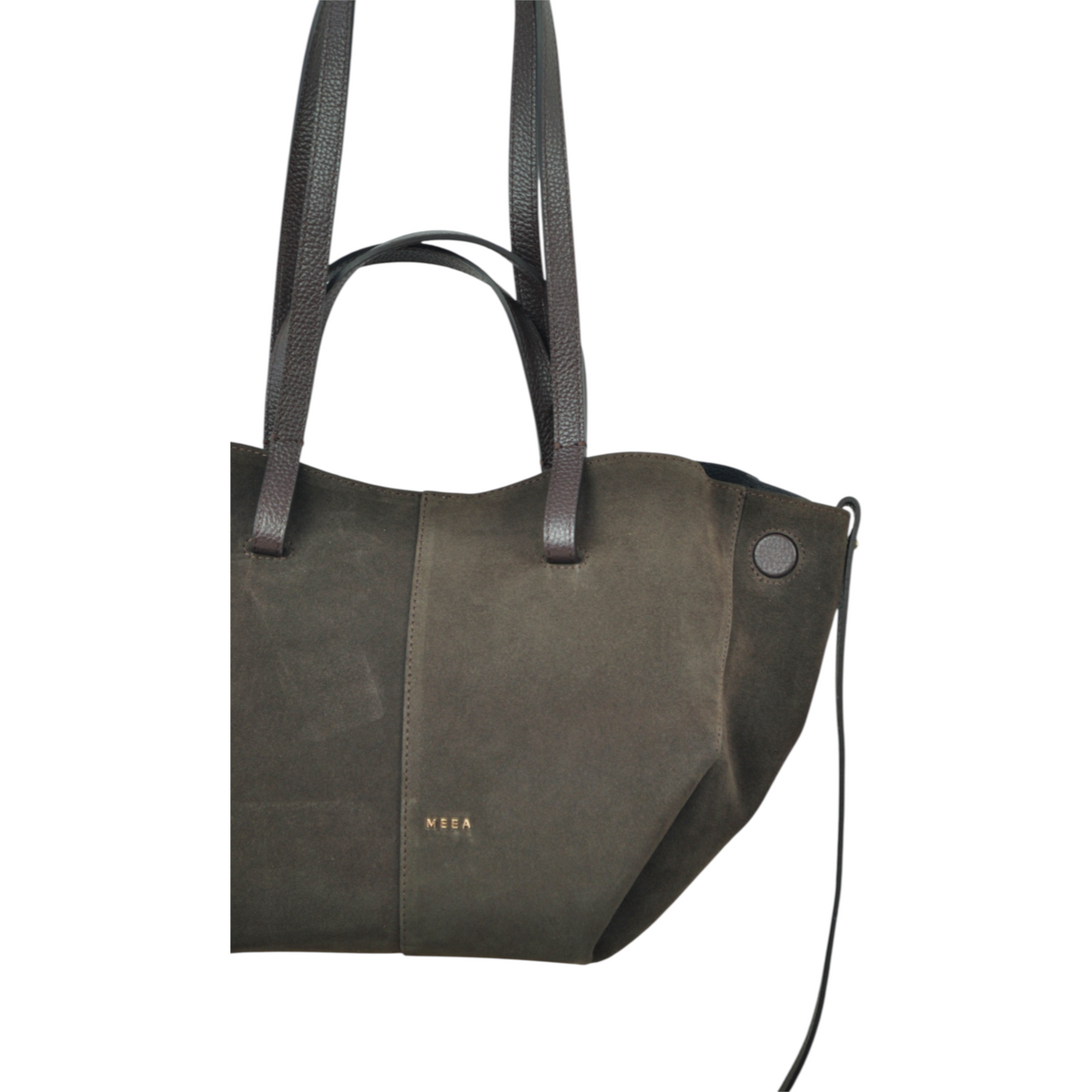 Borsa tote Grazia Medium di Peg Fashion Store in camoscio marrone con manici in pelle martellata e logo dorato
