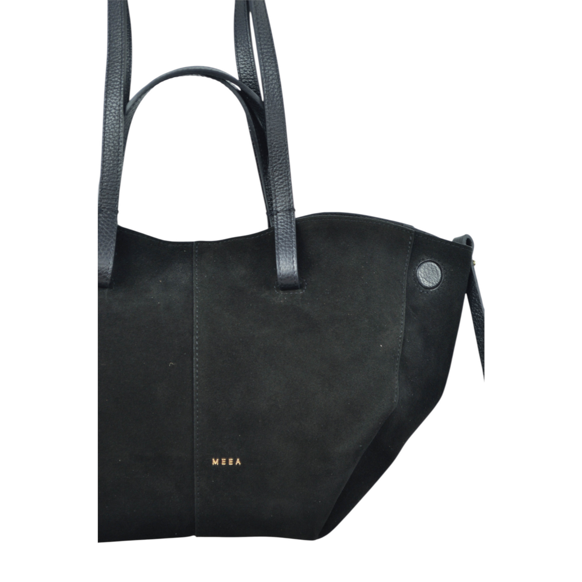 Borsa tote Grazia Medium di Peg Fashion Store in camoscio nero con manici in pelle e logo dorato