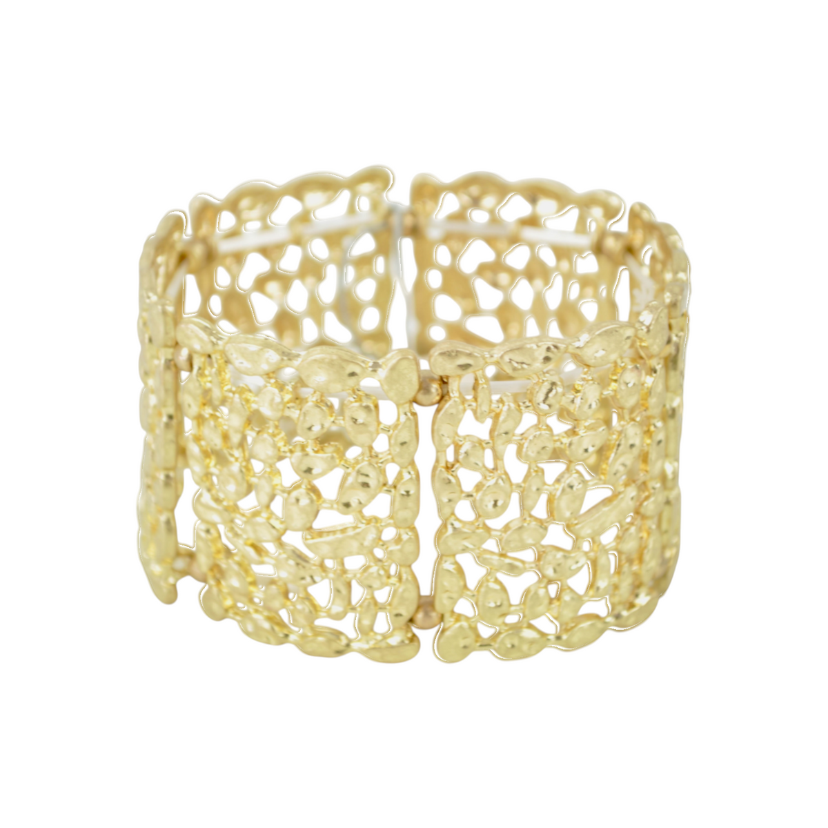 Bracciale elastico Peg Fashion Store color oro con design sagomato a maglia traforata e finitura martellata