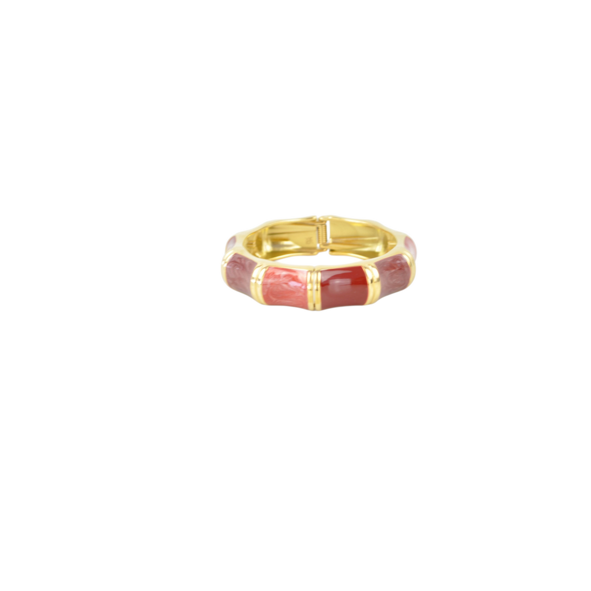 Bracciale rigido Peg Fashion Store con apertura a molla, dettagli dorati e inserti in resina sfumata rossa e rosa