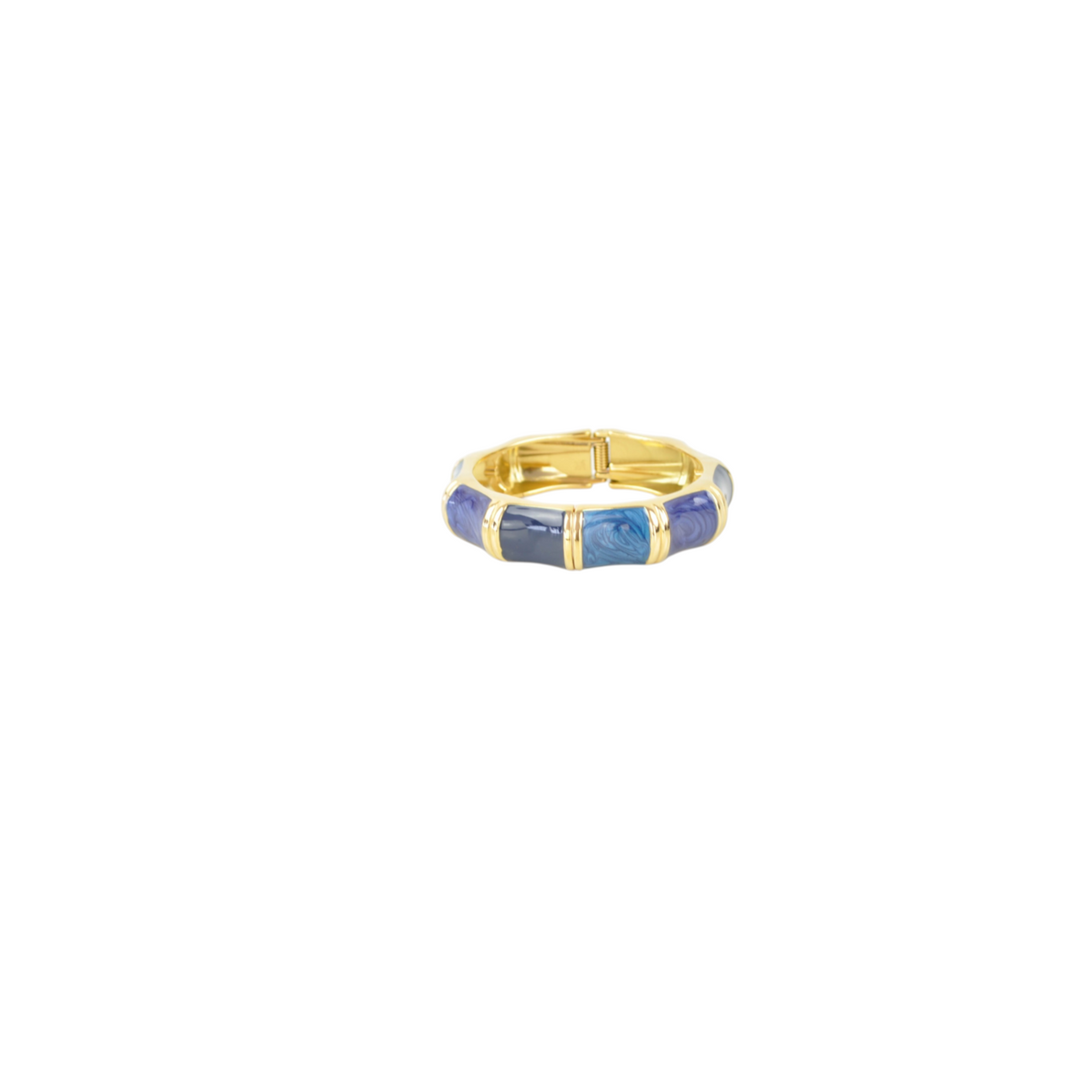 Bracciale rigido Peg Fashion Store con apertura a molla, dettagli in metallo dorato e inserti in resina blu