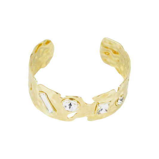 Bracciale rigido Peg Fashion Store color oro con finitura martellata e inserti in strass luminosi