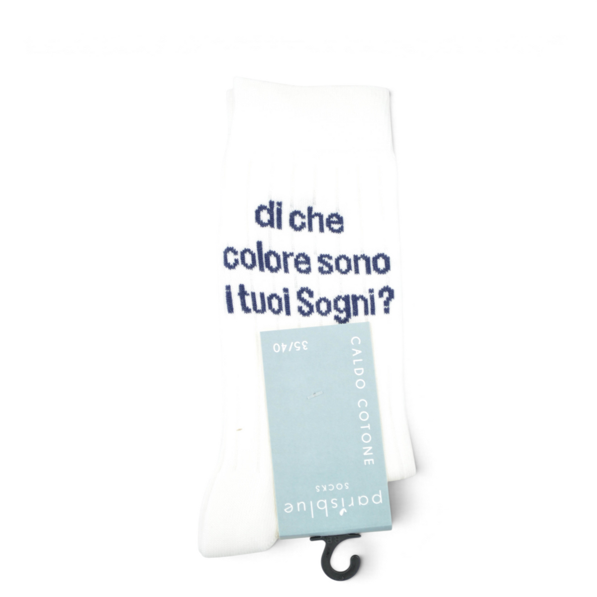 Calza paripiede Peg Fashion Store bianca a costine con scritta blu di che colore sono i tuoi sogni