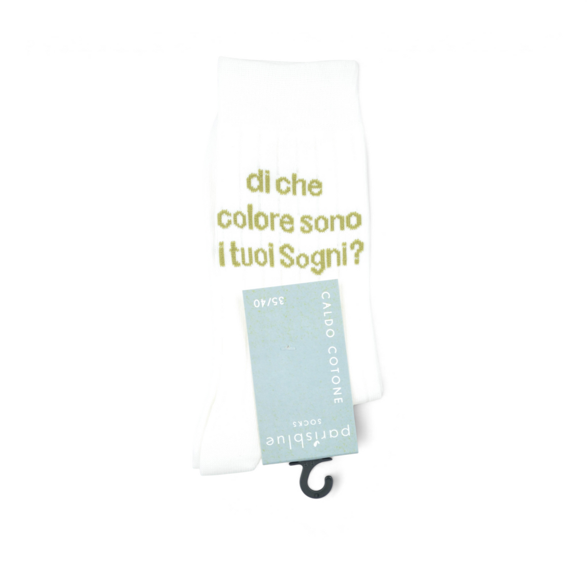 Calza a costine bianca Peg Fashion Store con scritta verde di che colore sono i tuoi sogni in cotone caldo