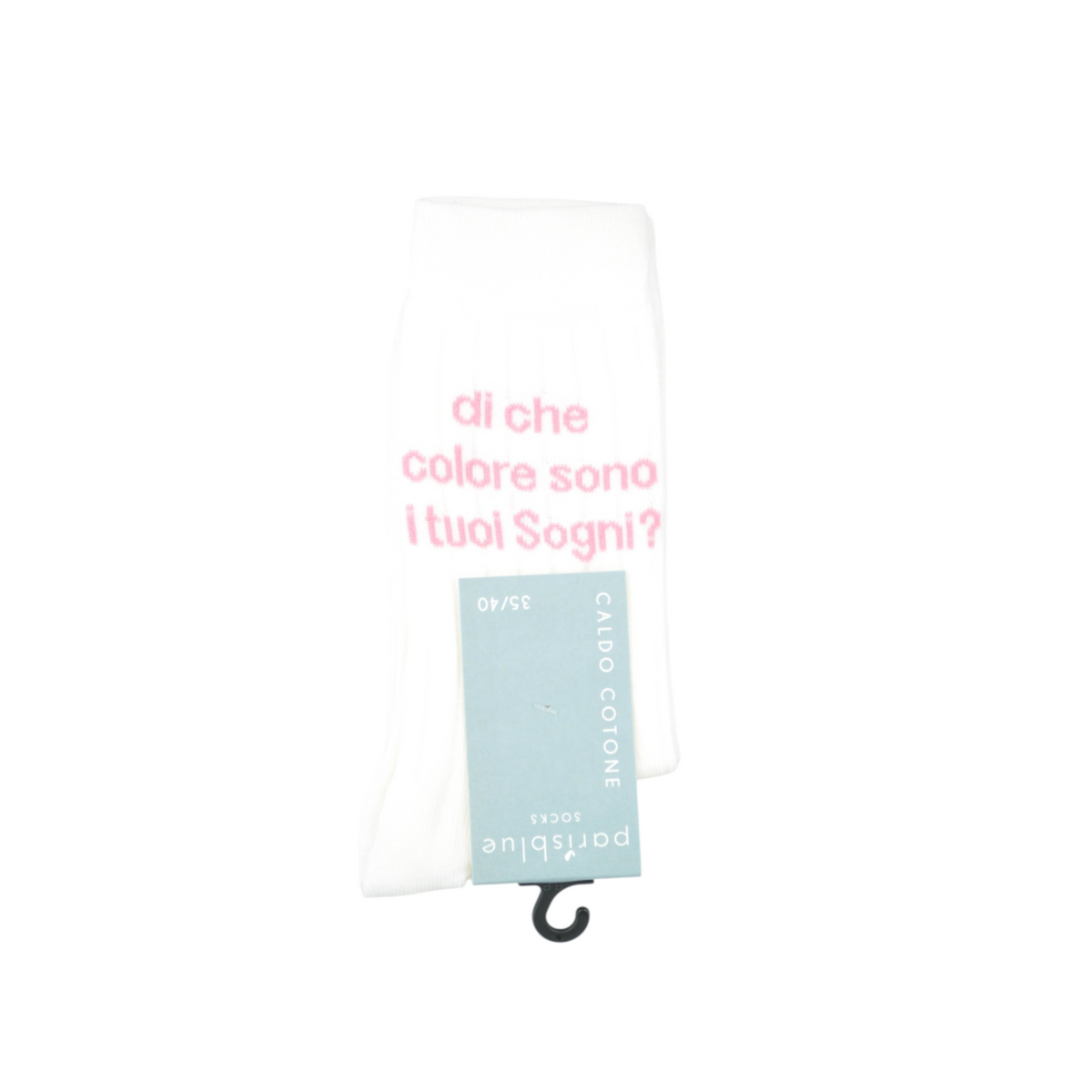 Calza paripiede a costine bianca Peg Fashion Store con scritta rosa di che colore sono i tuoi sogni