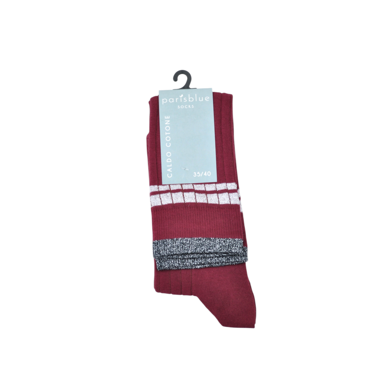 Calza lunga Peg Fashion Store in cotone bordeaux a costine con dettagli a righe in lurex argento