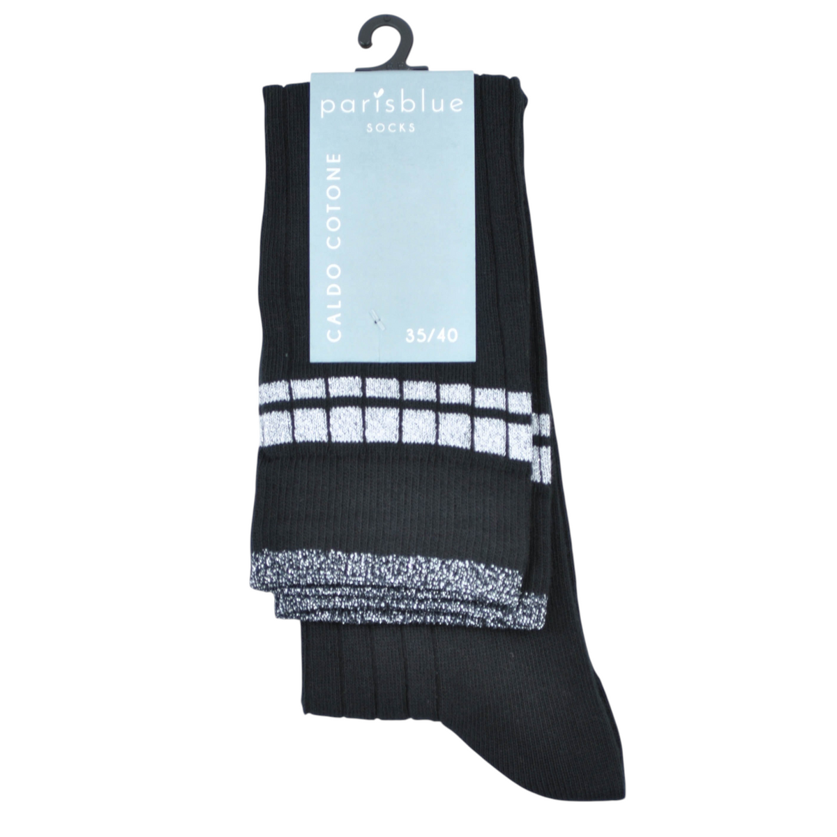 Calza lunga Peg Fashion Store in cotone nero a costine con dettagli a righe e inserti in lurex argento