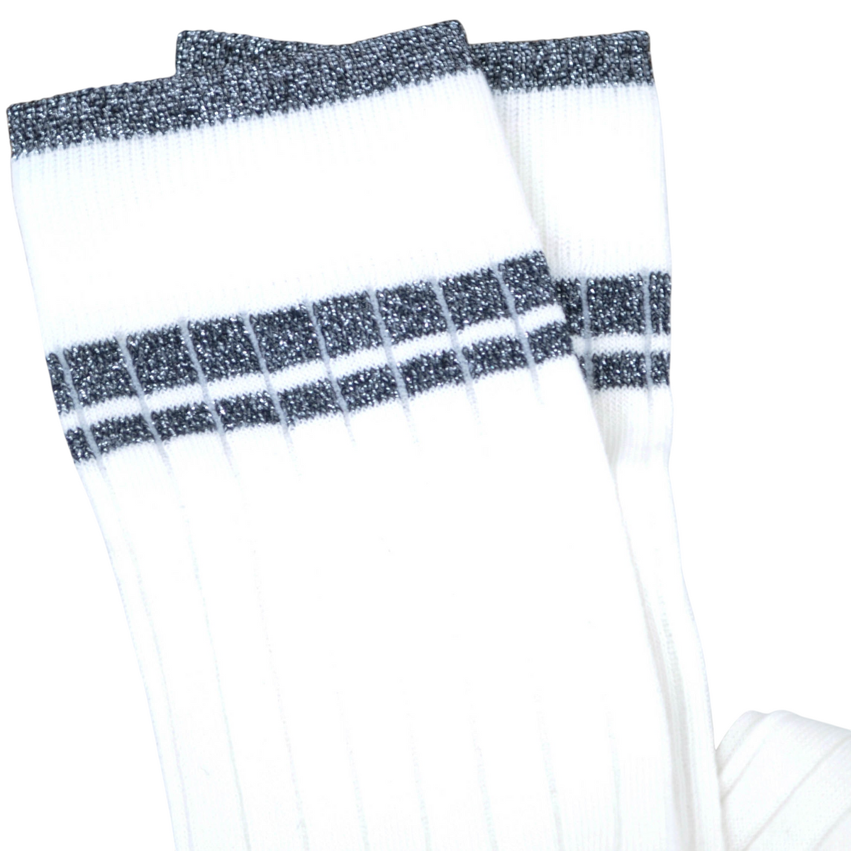 Calze lunghe a costine bianche Peg Fashion Store con dettagli a righe orizzontali in filo lurex argento