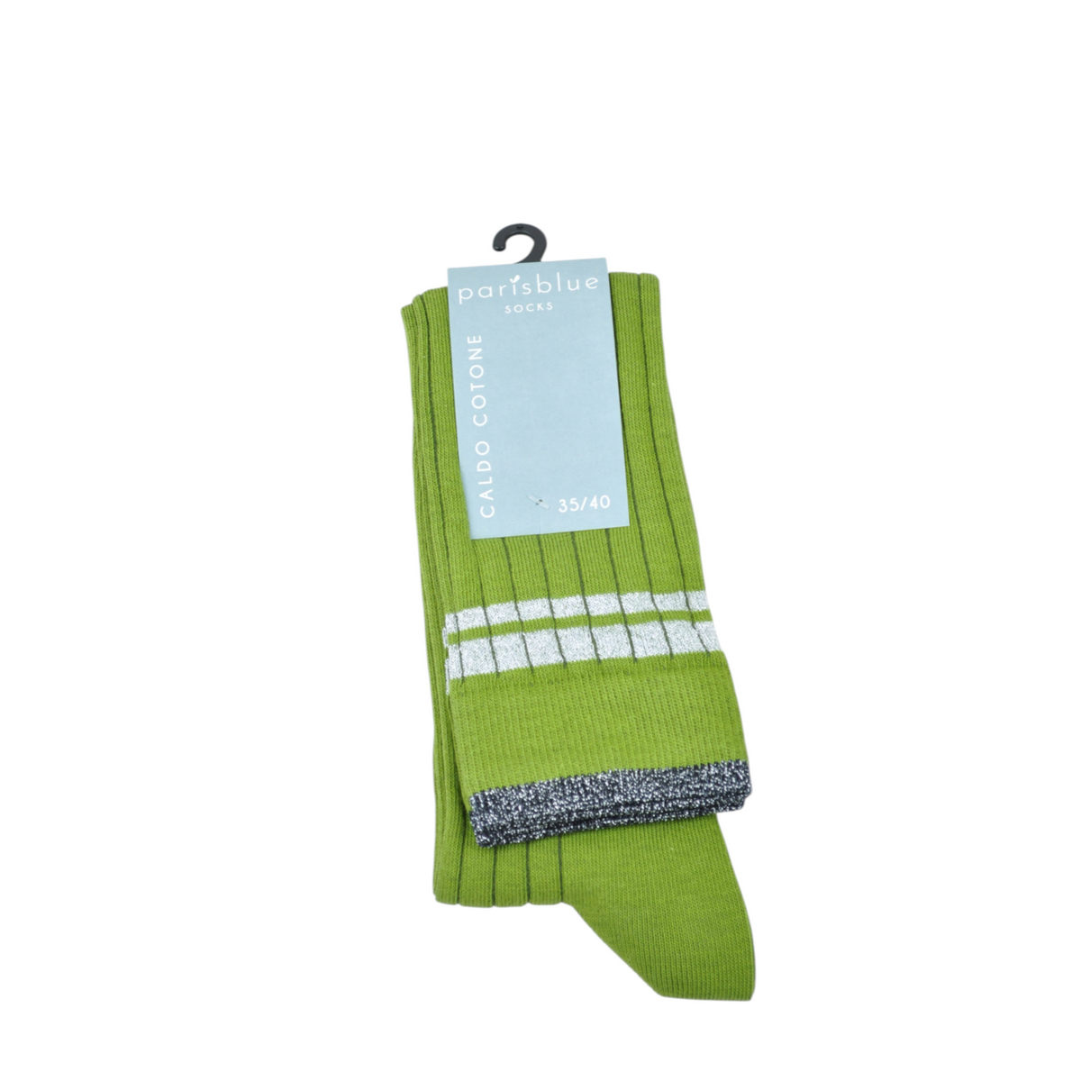 Calze lunghe a costine verde brillante con dettagli a righe in lurex argento, marchio Peg Fashion Store