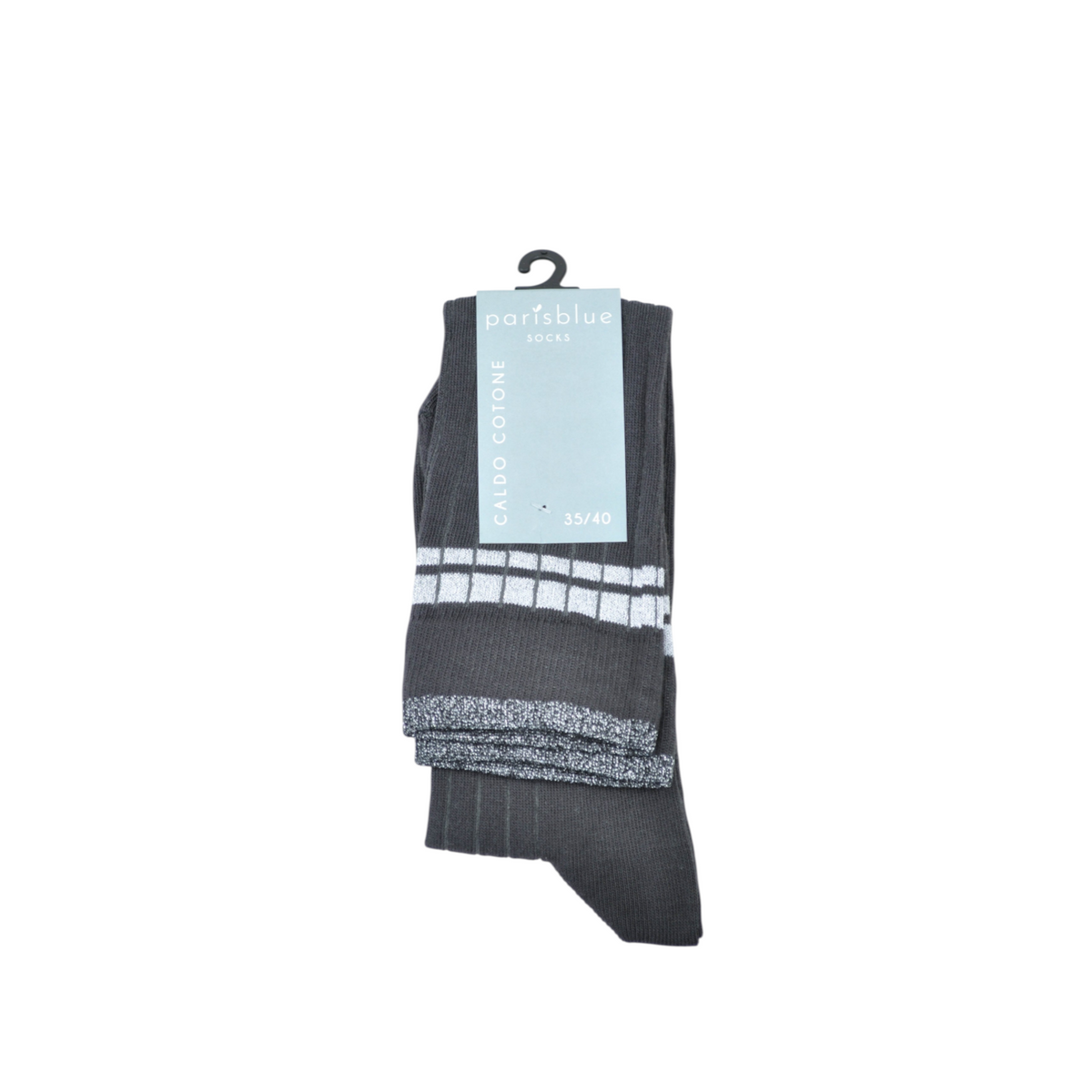 Calze lunghe a costine grigie Peg Fashion Store con dettagli a righe lurex argento e bordo glitterato
