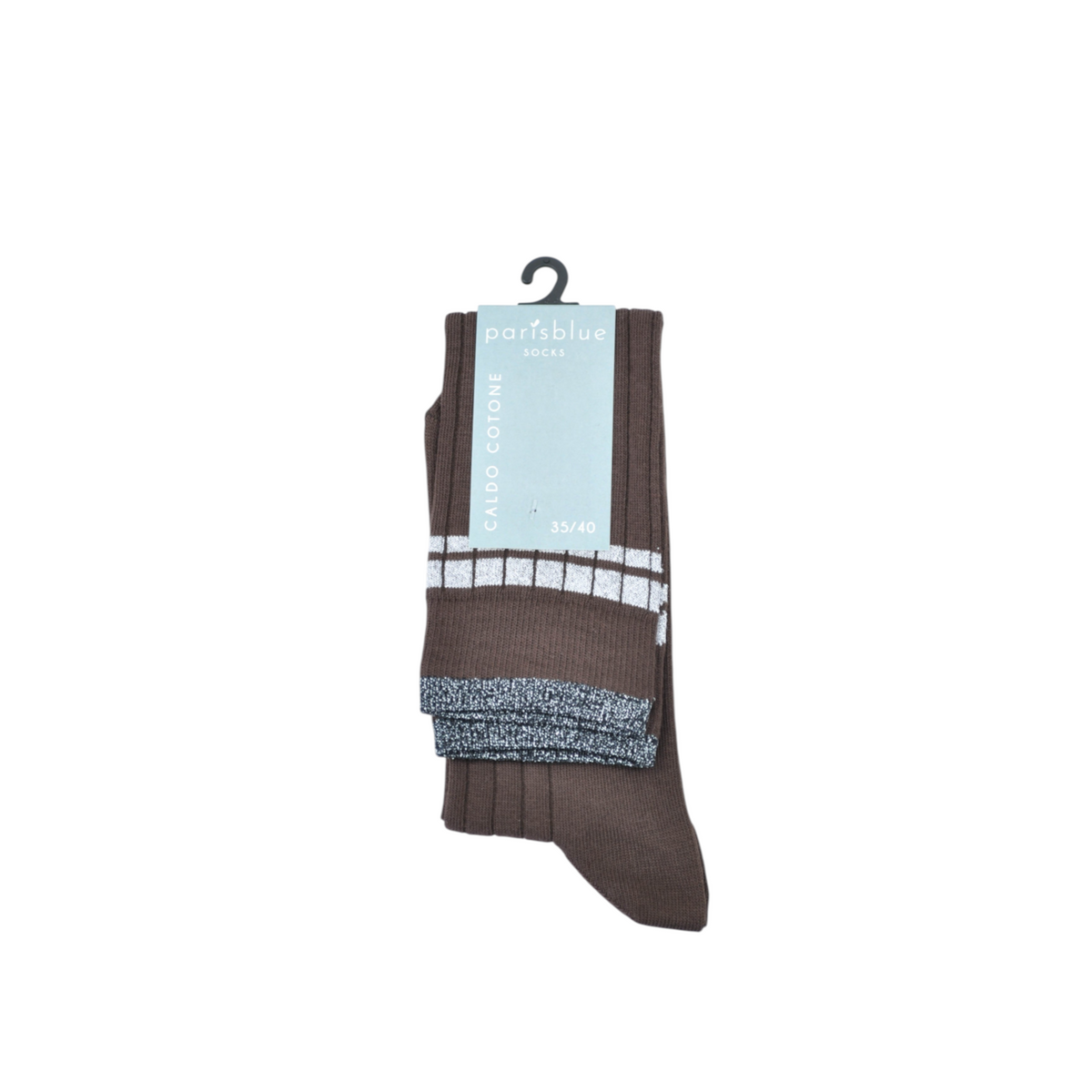 Calze lunghe a costine marroni con dettagli a righe lurex argento, marchio Peg Fashion Store, in caldo cotone.