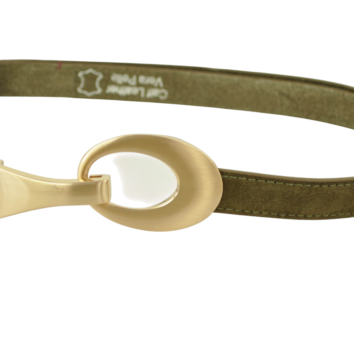 Cintura da donna Peg Fashion Store in pelle scamosciata verde oliva con fibbia ovale in metallo dorato spazzolato