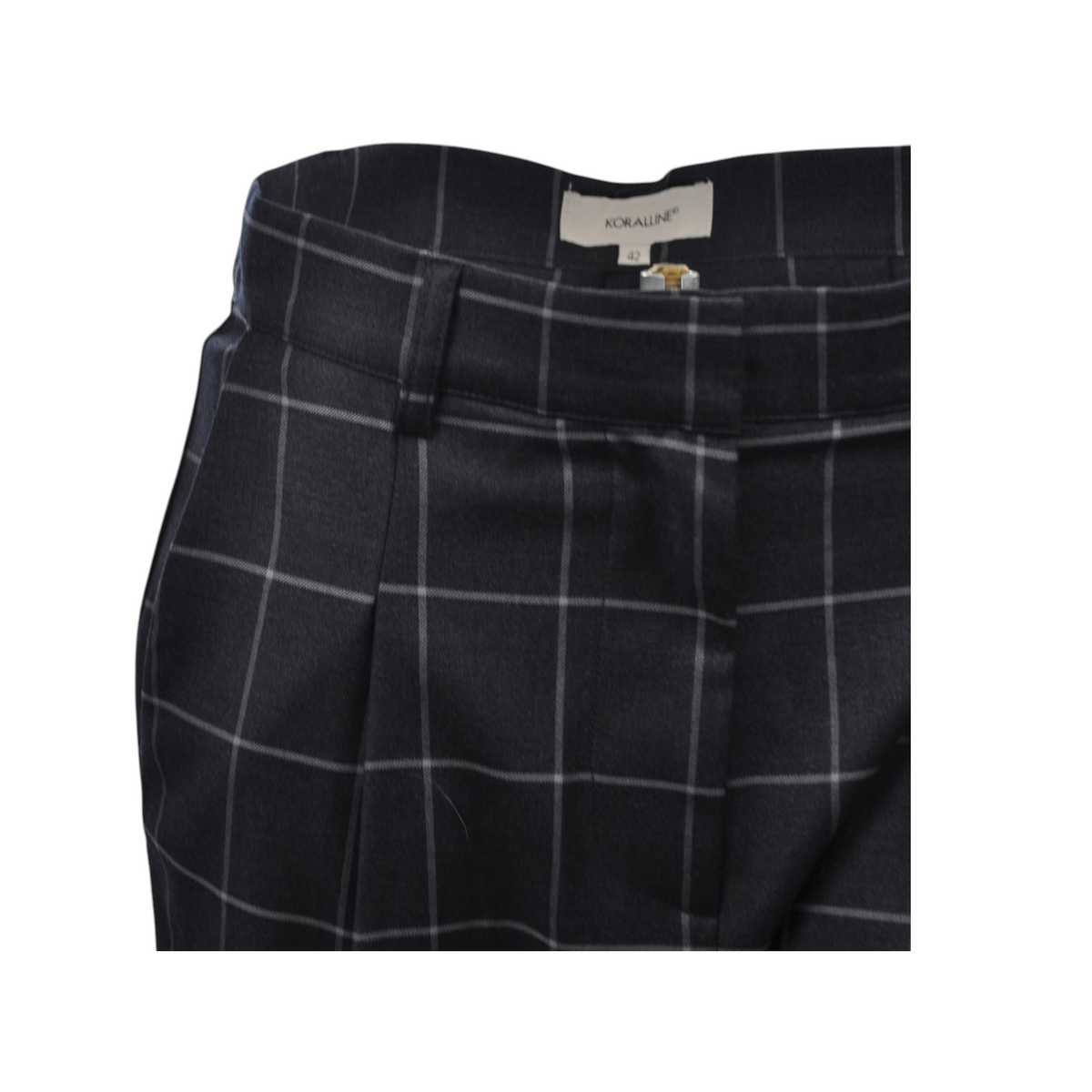 Pantalone Peg Fashion Store in tessuto scuro con motivo a quadri bianchi e chiusura con zip frontale