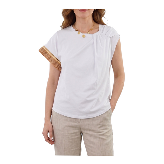 T-shirt bianca Peg Fashion Store con dettaglio a nodo sulla spalla e manica rifinita con frange color corda
