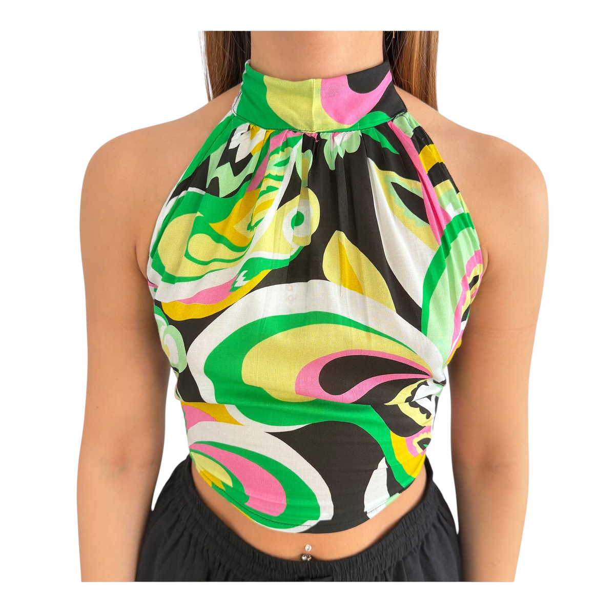 Top halter Peg Fashion Store con stampa geometrica colorata stile Pucci, scollo alto e design senza schiena.
