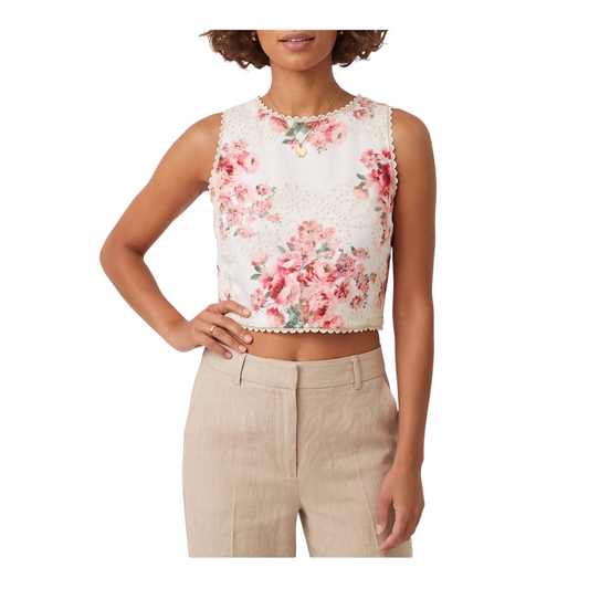 Top corto Peg Fashion Store in sangallo bianco con stampa a fiori rosa e dettagli smerlati
