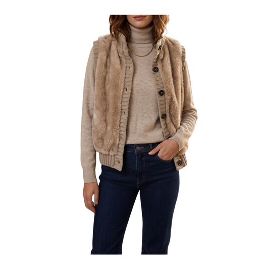 Gilet Peg Fashion Store in ecopelliccia beige e cioccolato con profili in maglia e bottoni a contrasto